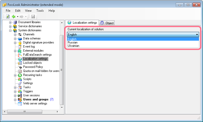 Localization settings for FossLook EDMS