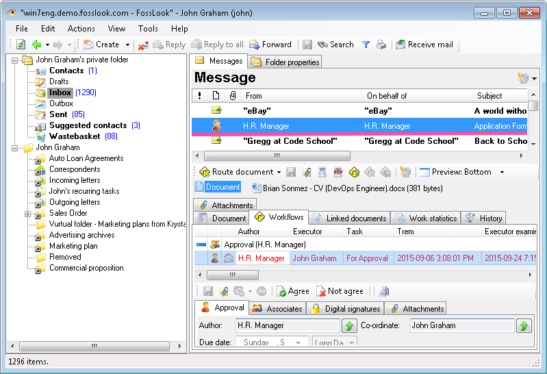 FossLook Client: opening task from inbox