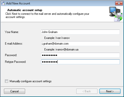 Automatic external mail server account setup
