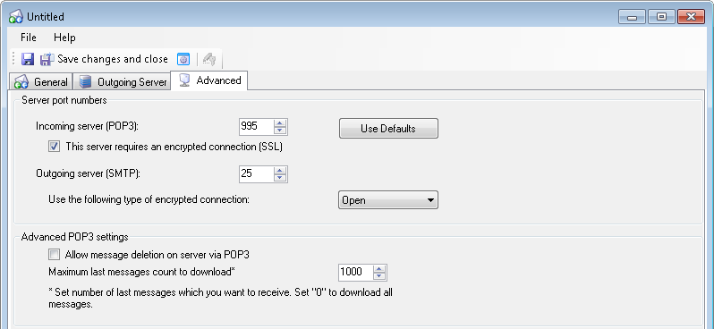 Additional manual configuration of your external mail server account, 'Advanced' tab