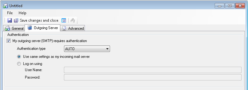 Manual configuration of your outgoing mail server (SMTP), 'Outgoing Server' tab