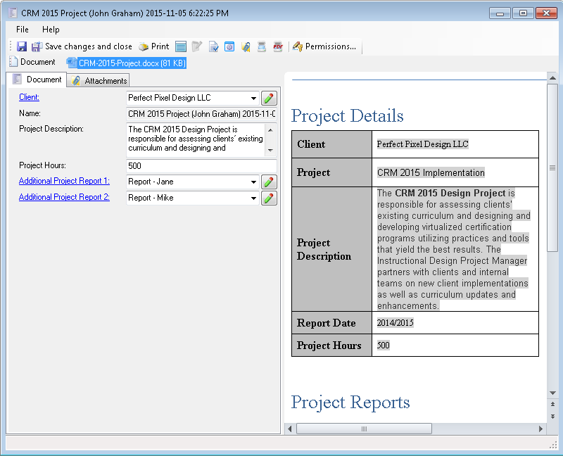Finished 'CRM Project' document assembly in FossLook