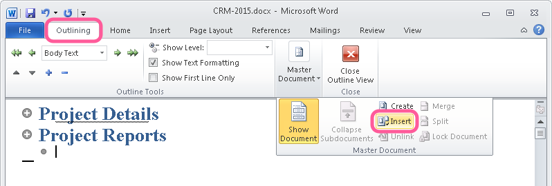 Outline mode in Microsoft Word