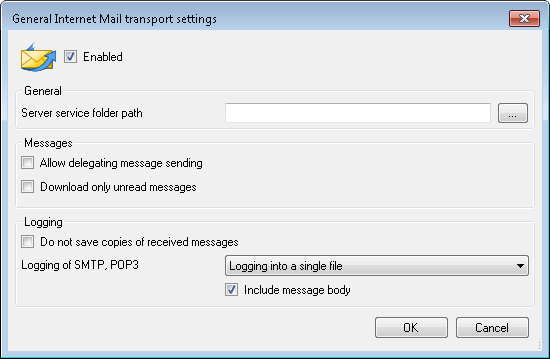 General InternetMail transport settings dialog