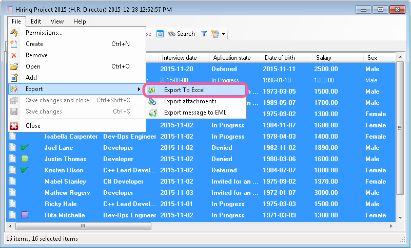 Exporting data from FossLook document