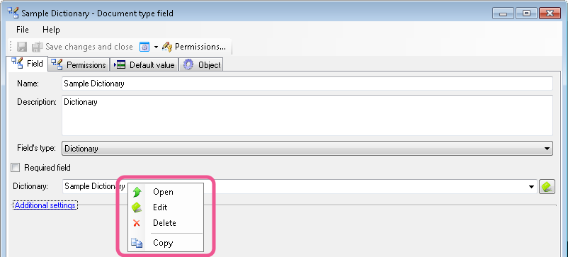 Opening dictionary from field properties form