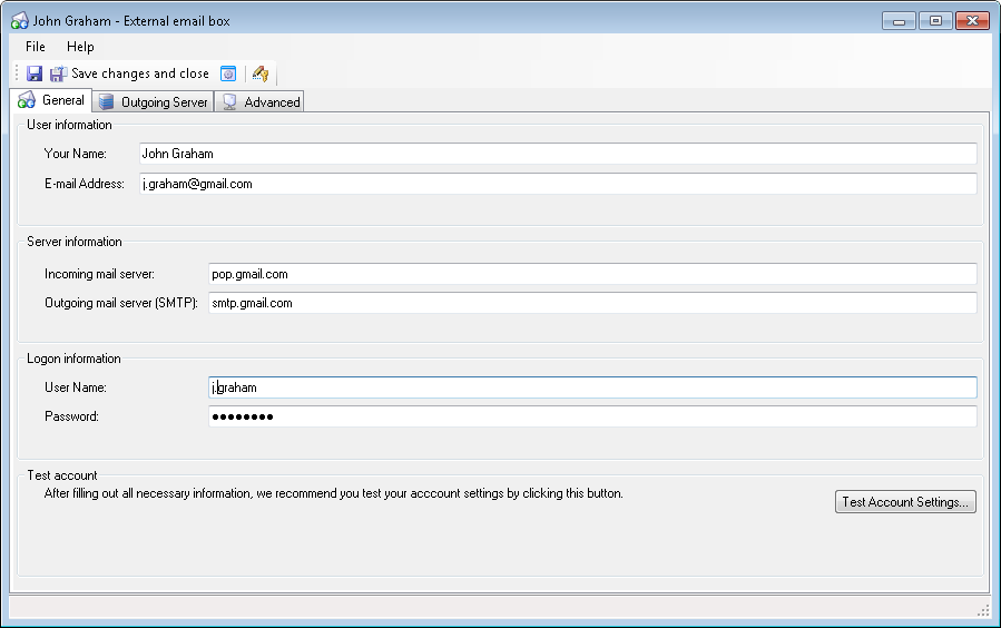 FossLook - Advanced settings for external mailbox