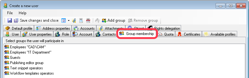 Employee's Group membership tab