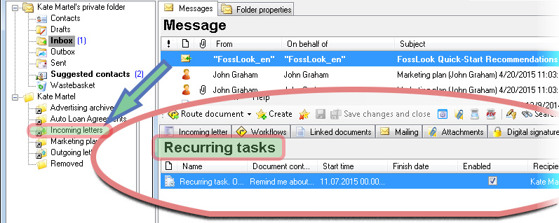 Converting email to an electronic document and setting a reminder on it