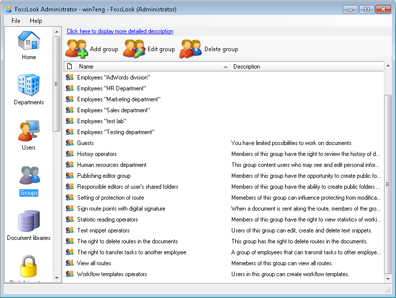 Managing User Groups menu in FossLook Administrator