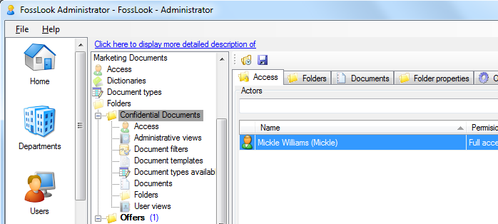 Providing the folder's access level to a specific user