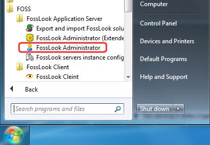 Windows Start button - FossLook folder - FossLook Administrator Icon