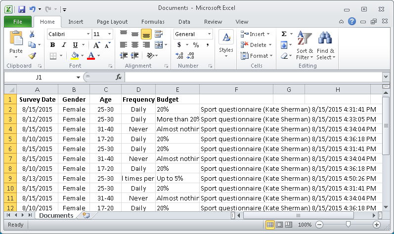 Exported data in Excel