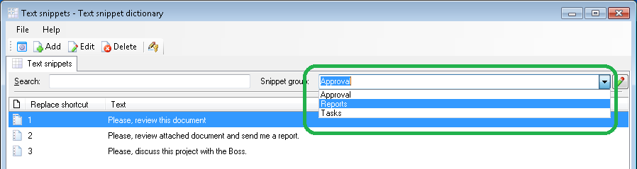 Groups of text snippets
