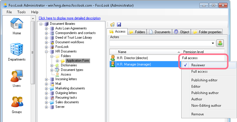 Access settings in FossLook
