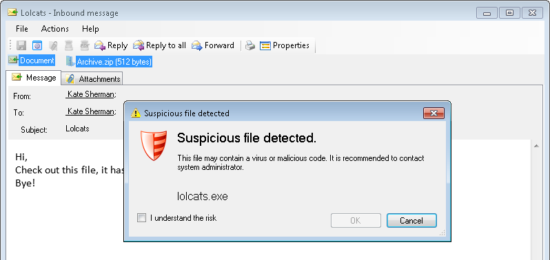 Security warning when opening a suspicious archive