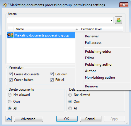 Options of access levels to EDMS FossLook folders and documents
